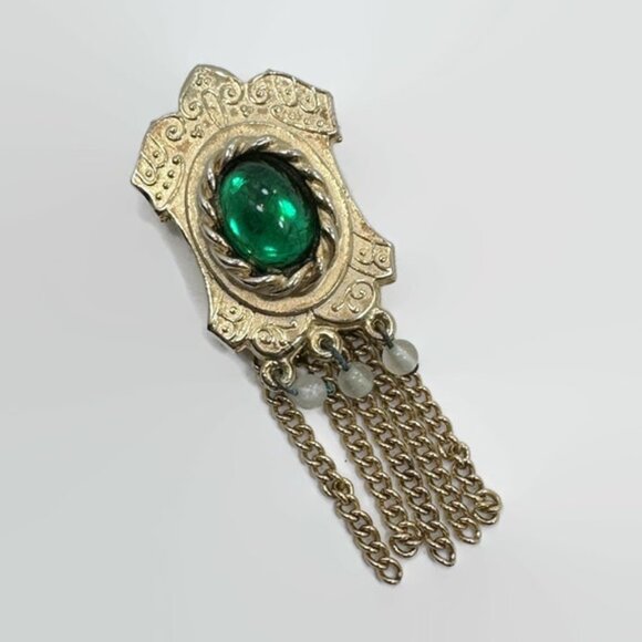 Vintage Brooch, Gold Metal, Green, Glass Jewel, Victorian Revival, 2 1/2" Long - Picture 1 of 4